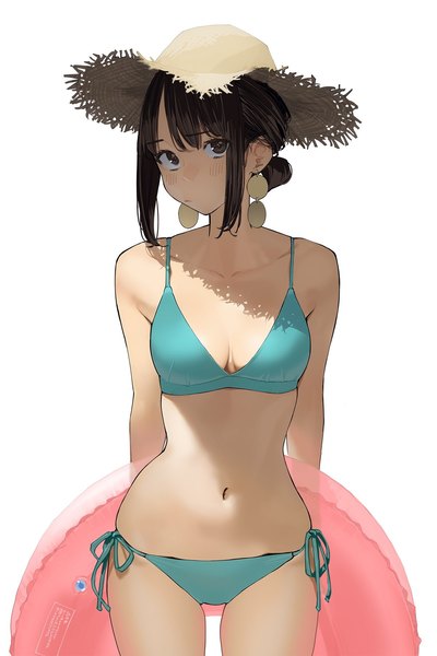 Anime picture 1200x1800 with ganbare douki-chan douki-chan (douki-chan) yomu (sgt epper) single tall image looking at viewer short hair breasts light erotic black hair simple background white background payot black eyes girl navel swimsuit hat earrings bikini