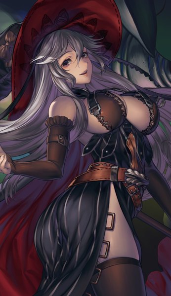 Anime picture 621x1077 with granblue fantasy magisa (granblue fantasy) simosi long hair tall image breasts light erotic large breasts purple eyes grey hair girl thighhighs dress black thighhighs hat witch hat