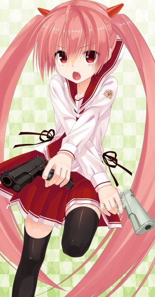 Anime picture 1300x2491 with hidan no aria kanzaki h aria kobuichi single long hair tall image open mouth red eyes twintails pink hair horn (horns) official art oni horns girl thighhighs uniform weapon black thighhighs school uniform gun