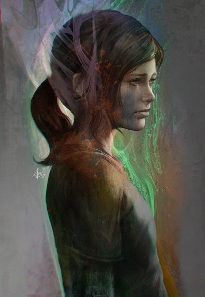 Anime picture 831x1200 with the last of us ellie artgerm (stanley lau) single long hair tall image simple background brown hair green eyes ponytail profile realistic grey background sad girl