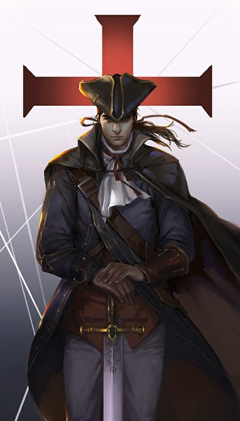Anime picture 570x1000 with assassin's creed (game) haytham kenway narrator366 single long hair tall image simple background brown hair brown eyes boy ribbon (ribbons) weapon hair ribbon sword headdress cloak cross ascot