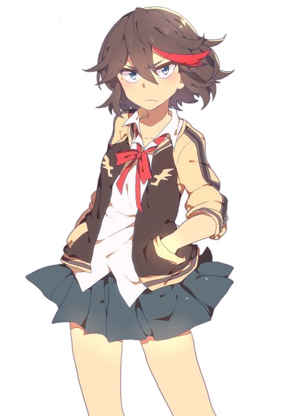 Anime picture 882x1200 with kill la kill studio trigger matoi ryuuko alice-whiteberry single tall image looking at viewer blush short hair blue eyes black hair simple background white background multicolored hair open clothes open jacket two-tone hair streaked hair hands in pockets frown