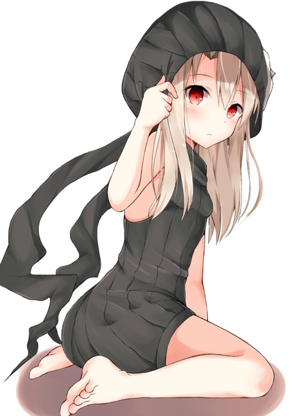 Anime picture 1053x1500 with fate (series) fate/grand order fate/kaleid liner prisma illya illyasviel von einzbern true assassin yuzuzukushi single long hair tall image looking at viewer blush fringe simple background blonde hair hair between eyes red eyes white background sitting holding full body