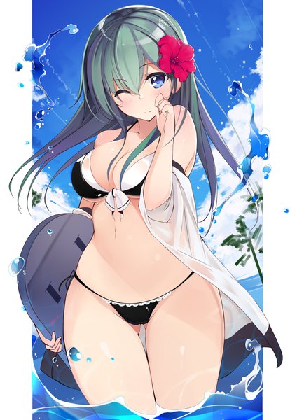 Anime picture 2894x4093 with kantai collection suzuya heavy cruiser netarou single long hair tall image looking at viewer blush fringe highres breasts blue eyes light erotic hair between eyes large breasts standing holding cleavage cloud (clouds) one eye closed