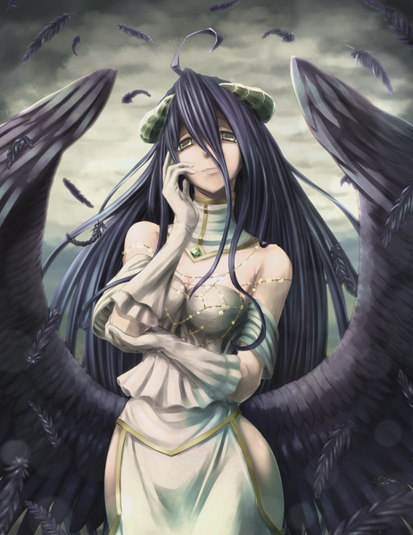 Anime picture 926x1200 with overlord (maruyama) madhouse albedo (overlord) programman single long hair tall image looking at viewer fringe breasts black hair hair between eyes bare shoulders yellow eyes cloud (clouds) ahoge parted lips horn (horns) light smile bare legs