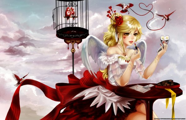 Anime picture 1153x745 with original synpai blonde hair bare shoulders yellow eyes sky cloud (clouds) nail polish hair bun (hair buns) tattoo valentine girl skirt ribbon (ribbons) miniskirt animal wings food heart sweets