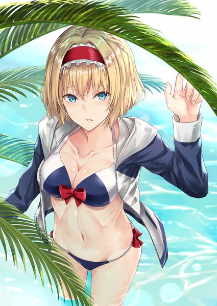 Anime picture 1000x1412 with touhou alice margatroid nabeshima tetsuhiro single tall image looking at viewer blush fringe short hair breasts blue eyes light erotic blonde hair hair between eyes cleavage outdoors parted lips from above open jacket shiny skin