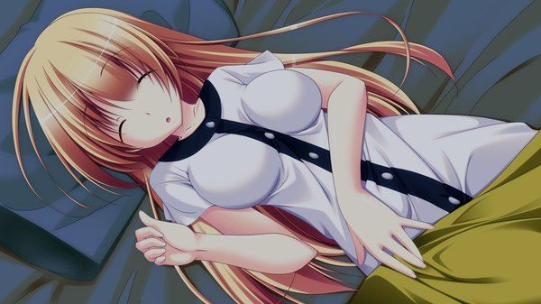 Anime picture 1280x720 with imouto ga boku o neratteru tomoka yuuki long hair blonde hair wide image game cg lying eyes closed sleeping girl pajamas