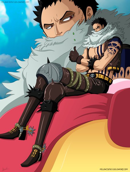 Anime picture 1471x1935 with one piece toei animation charlotte katakuri melonciutus tall image short hair black hair sitting brown eyes signed looking away sky cloud (clouds) full body open jacket tattoo fur trim crossed legs coloring scar