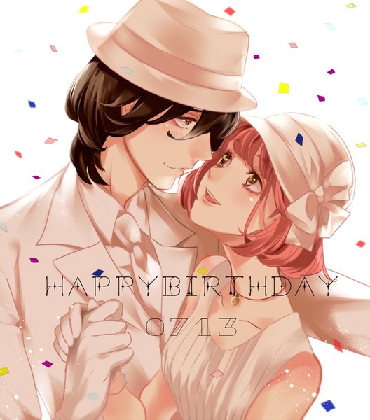 Anime picture 800x909 with uta no prince-sama a-1 pictures nanami haruka (uta no prince-sama) kotobuki reiji mitsumi tall image blush short hair simple background smile brown hair white background bare shoulders brown eyes yellow eyes pink hair profile couple hug holding hands