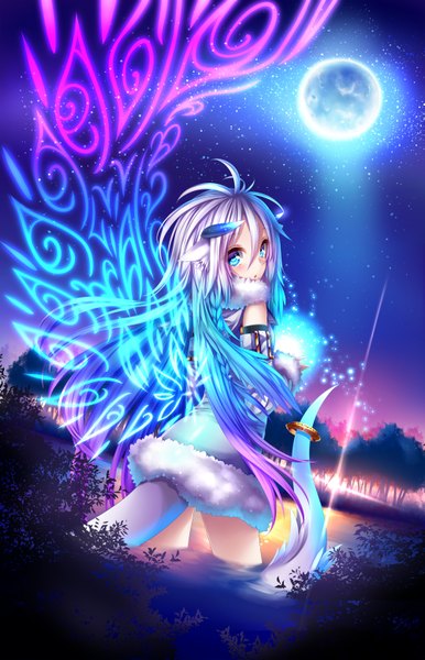 Anime picture 1000x1552 with original chabaneko single long hair tall image blush blue eyes white hair looking back horn (horns) dragon girl dragon tail girl dress detached sleeves wings moon