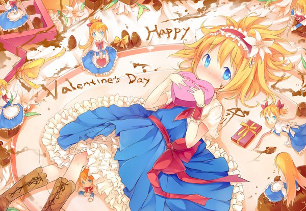 Anime picture 1600x1102 with touhou alice margatroid shanghai fred04142 single looking at viewer blush short hair blue eyes blonde hair holding lying hair flower on back embarrassed frilled dress english lacing valentine ai ai gasa