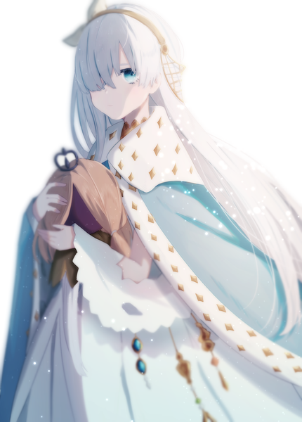 Anime picture 1388x1936 with fate (series) fate/grand order anastasia (fate) viy (fate) umeko 208 single long hair tall image looking at viewer fringe blue eyes simple background white background silver hair hair over one eye shaded face girl dress headband mantle