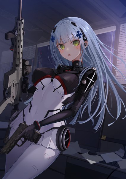 Anime picture 1003x1416 with girls frontline hk416 (girls frontline) hk416 (midnight evangelion) (girls frontline) shumeia single long hair tall image looking at viewer blush fringe breasts open mouth light erotic standing holding green eyes silver hair indoors blunt bangs official alternate costume