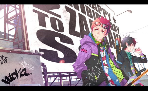 Anime picture 2000x1228 with ao no exorcist a-1 pictures okumura rin shima renzou monq (artist) blush highres short hair black hair wide image eyes closed pointy ears multiple boys alternate costume grin hand in pocket graffiti boy glasses necktie