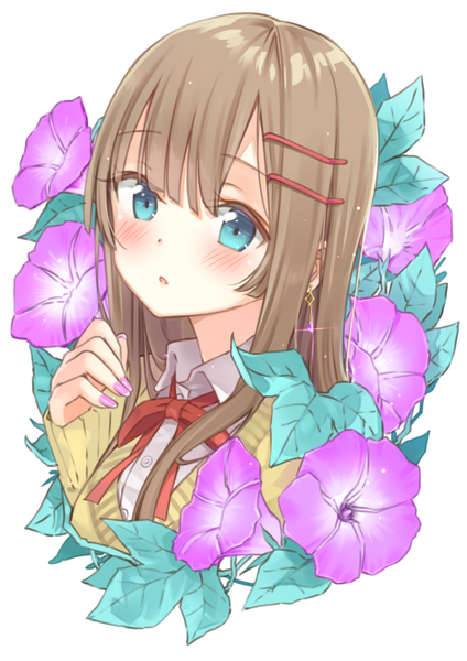 Anime picture 1000x1414 with original maigoyaki single long hair tall image looking at viewer blush fringe breasts blue eyes simple background brown hair white background upper body blunt bangs nail polish parted lips fingernails girl flower (flowers)