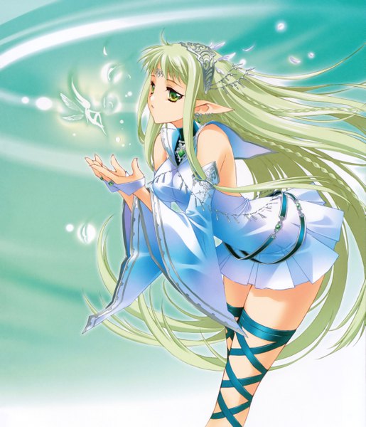 Anime picture 4730x5510 with original carnelian single tall image highres simple background green eyes absurdres braid (braids) very long hair green hair pointy ears wide sleeves leaning leaning forward elf fantasy fairy girl hair ornament