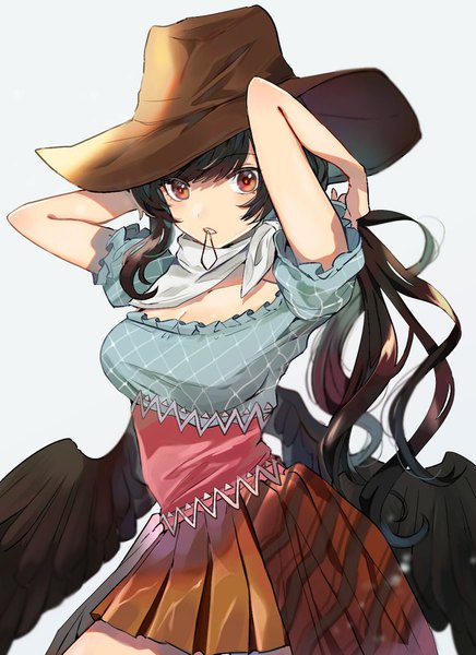 Anime picture 1154x1585 with touhou kurokoma saki satoupote single long hair tall image looking at viewer black hair simple background red eyes holding mouth hold adjusting hair arms behind head black wings low wings tying hair hair tie in mouth girl hat