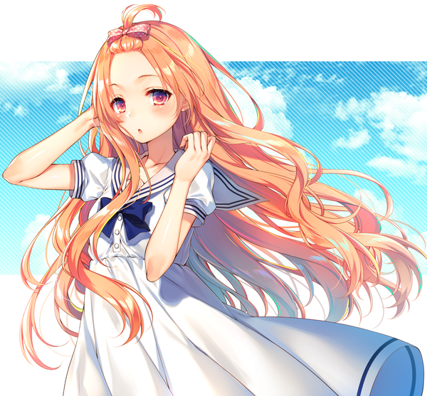 Anime picture 1250x1162 with original toosaka asagi single long hair looking at viewer blush fringe open mouth standing sky cloud (clouds) upper body pink eyes orange hair :o short sleeves puffy sleeves floating hair border wavy hair