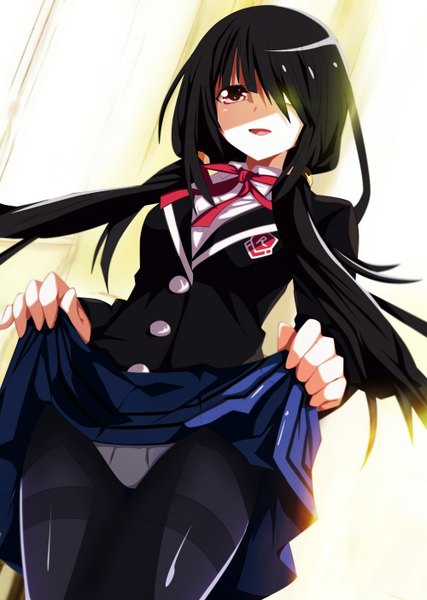Anime picture 1000x1406 with date a live tokisaki kurumi i-azu single long hair tall image fringe open mouth light erotic black hair smile twintails pink eyes sunlight hair over one eye coloring low twintails girl uniform school uniform