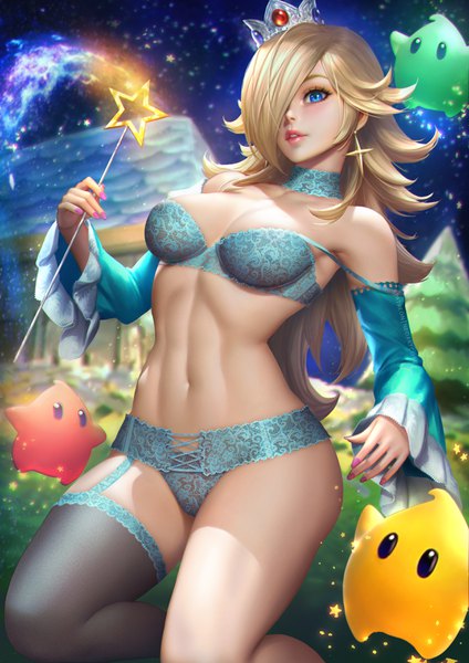Anime picture 2480x3508 with super mario bros. rosetta (mario) chiko (mario) nudtawut thongmai single long hair tall image looking at viewer fringe highres breasts blue eyes light erotic blonde hair standing bare shoulders holding bent knee (knees) outdoors nail polish