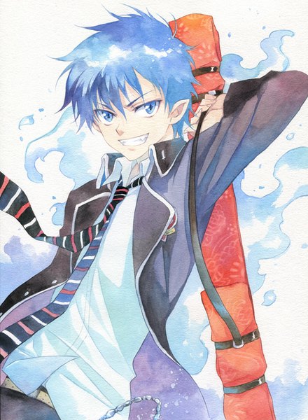 Anime picture 600x818 with ao no exorcist a-1 pictures okumura rin agahari single tall image short hair blue eyes smile blue hair pointy ears grin glowing traditional media watercolor (medium) boy uniform weapon school uniform sword