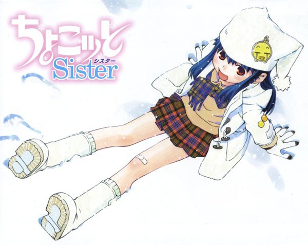 Anime picture 1509x1200 with chokotto sister from above plaid skirt snowing winter soles snow girl skirt boots