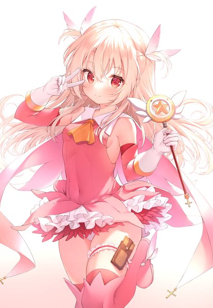 Anime picture 3862x5600 with fate (series) fate/kaleid liner prisma illya illyasviel von einzbern prisma illya magical ruby xue lu single long hair tall image looking at viewer blush fringe highres light erotic simple background blonde hair smile hair between eyes red eyes standing