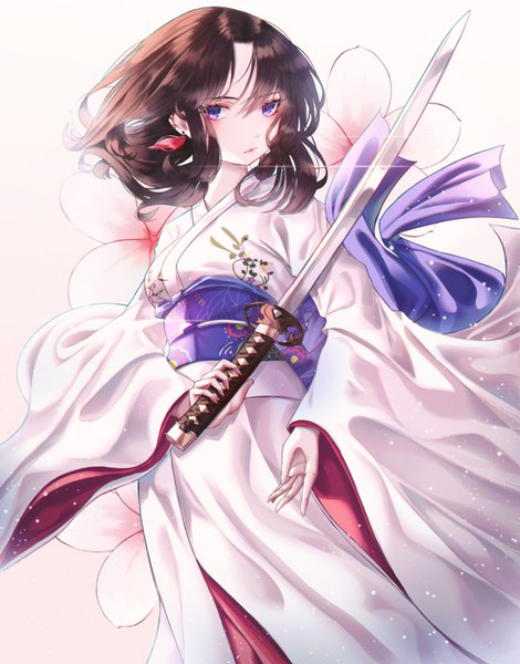 Anime picture 4705x6000 with kara no kyoukai type-moon ryougi shiki domi (hyaku8795) single long hair tall image blush fringe highres simple background hair between eyes brown hair standing purple eyes holding absurdres traditional clothes head tilt japanese clothes