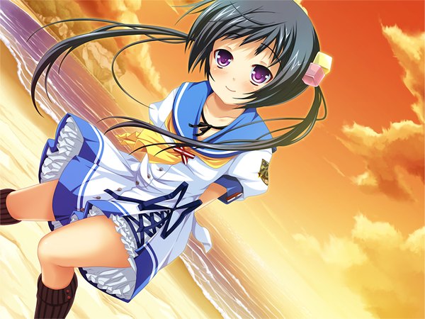 Anime picture 1200x900 with asa project atchi muite koi (game) narumi runa black hair purple eyes game cg beach girl serafuku