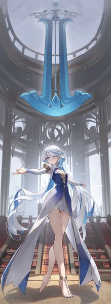 Anime picture 1000x2740 with genshin impact focalors (genshin impact) cotta (heleif) single tall image fringe blue eyes standing looking away silver hair full body ahoge indoors very long hair multicolored hair barefoot hair over one eye bare legs spread arms colored inner hair