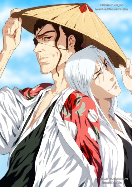 Anime picture 988x1400 with bleach studio pierrot kyoraku shunsui ukitake juushirou ar-ua long hair tall image short hair smile red eyes brown hair brown eyes sky cloud (clouds) white hair traditional clothes japanese clothes one eye closed wink multiple boys