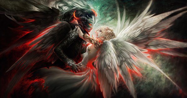 Anime picture 1680x881 with valentina remenar long hair fringe black hair blonde hair wide image profile lips sleeveless glowing glowing eye (eyes) face to face eye contact angel demon dancing multiple wings girl dress boy
