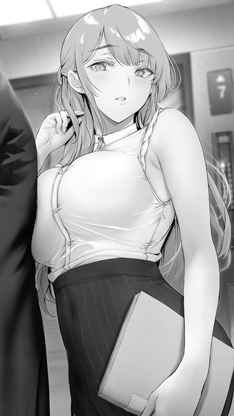 Anime picture 846x1500 with original gentsuki long hair tall image looking at viewer fringe breasts large breasts standing holding indoors parted lips fingernails blurry from below depth of field sleeveless covered navel monochrome solo focus