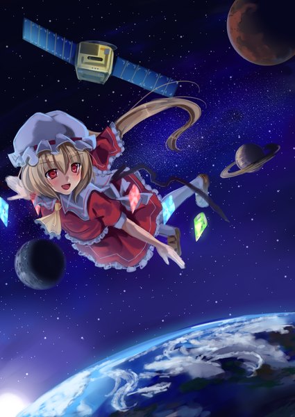 Anime picture 2507x3541 with touhou flandre scarlet lio (artist) tall image blush highres short hair open mouth blonde hair red eyes girl dress skirt wings bonnet skirt set crystal planet