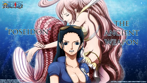 Anime picture 1920x1080 with one piece toei animation nico robin shirahoshi deiviscc long hair highres breasts open mouth light erotic black hair smile wide image bare shoulders multiple girls pink hair cleavage eyes closed black eyes inscription