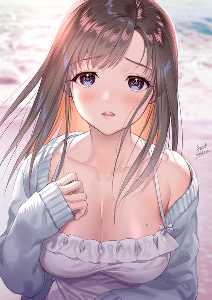 Anime picture 1000x1413 with original midori foo single long hair tall image looking at viewer blush fringe breasts open mouth light erotic brown hair large breasts purple eyes signed payot cleavage outdoors long sleeves multicolored hair