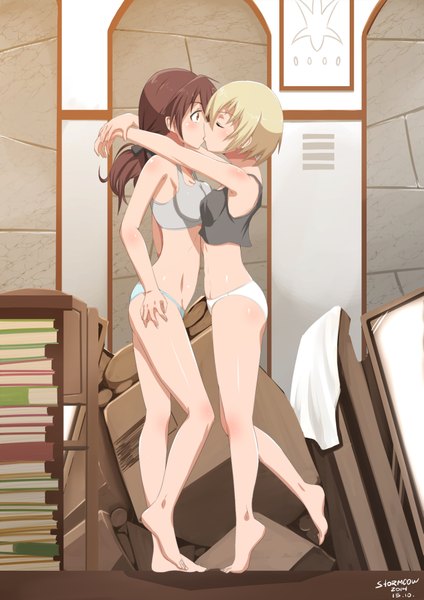 Anime picture 1447x2047 with strike witches erica hartmann gertrud barkhorn stormcow long hair tall image short hair light erotic blonde hair brown hair multiple girls eyes closed profile barefoot bare legs bare belly hug underwear only shoujo ai kiss