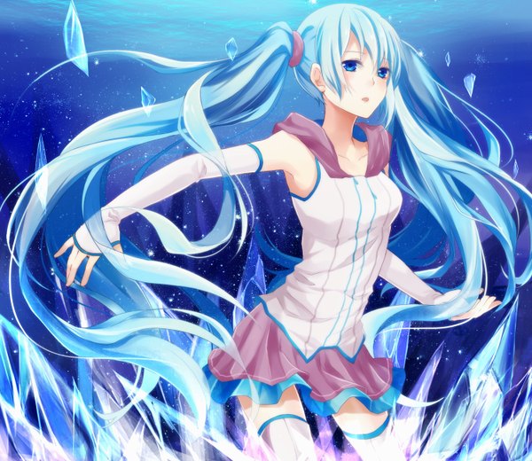 Anime picture 1500x1300 with vocaloid hatsune miku single blush open mouth blue eyes twintails looking away very long hair aqua hair girl skirt detached sleeves crystal