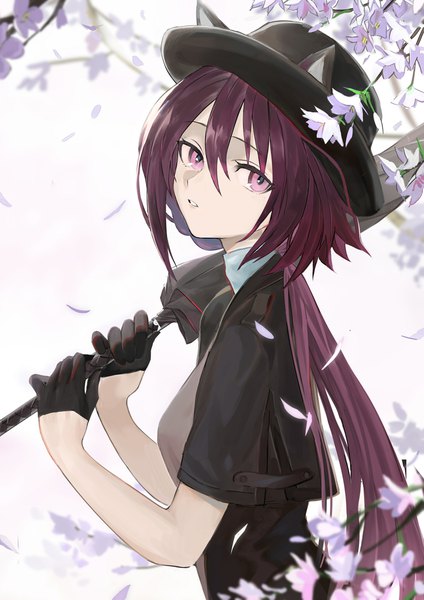 Anime picture 889x1259 with arknights melantha (arknights) melantha (letters from wessex) (arknights) koio single long hair tall image looking at viewer fringe hair between eyes purple eyes animal ears purple hair upper body turning head official alternate costume low ponytail closed umbrella girl gloves