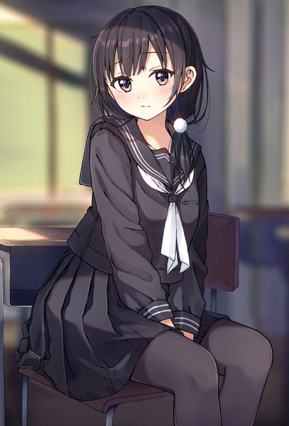 Anime picture 1353x1997 with original n2 (yf33) single long hair tall image looking at viewer blush black hair purple eyes indoors pleated skirt low ponytail classroom girl skirt uniform pantyhose serafuku black pantyhose black skirt