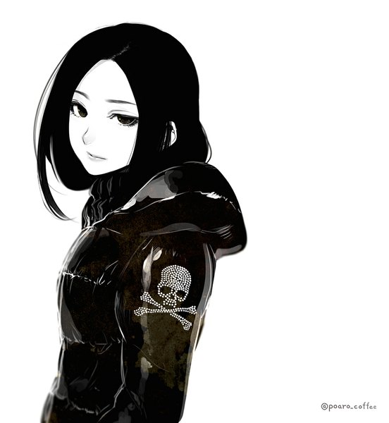 Anime picture 900x977 with original poaro single long hair tall image looking at viewer black hair simple background white background black eyes monochrome skull and crossbones skull print girl jacket hood