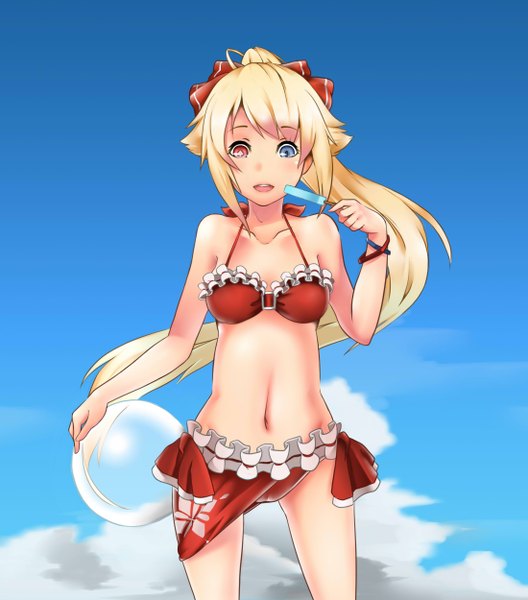 Anime picture 2200x2500 with chenang11 single long hair tall image looking at viewer blush fringe highres open mouth light erotic blonde hair standing holding sky cloud (clouds) ponytail legs heterochromia girl navel
