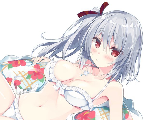 Anime picture 2733x2273 with original miko (royal milk) single long hair looking at viewer blush fringe highres breasts light erotic simple background hair between eyes red eyes large breasts white background silver hair dutch angle floral print side ponytail girl