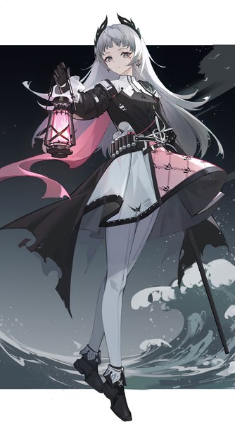 Anime picture 2000x3593 with arknights irene (arknights) lance (lancelliu) single long hair tall image looking at viewer highres holding full body horn (horns) grey hair grey eyes outside border girl gloves earrings pantyhose black gloves lantern