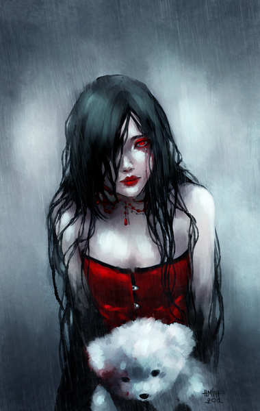 Anime picture 800x1260 with original tagme (character) nanfe single long hair tall image looking at viewer fringe black hair red eyes bare shoulders lips hair over one eye grey background lipstick red lipstick girl dress blood toy