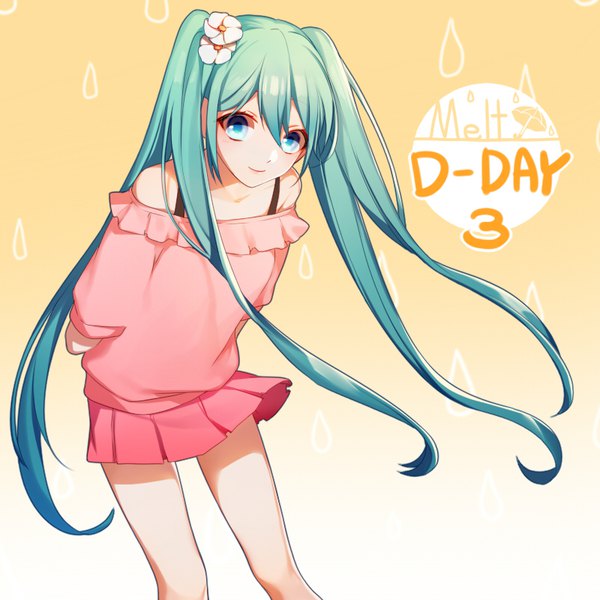 イラスト 800x800 と ボーカロイド メルト 初音ミク asd13 ソロ 長髪 カメラ目線 青い目 ツインテール pleated skirt hair flower 風 aqua hair leaning leaning forward gradient background hands behind back 風のいたずら 女の子 スカート