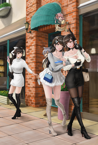 Anime picture 3128x4624 with azur lane atago (azur lane) takao (azur lane) saratoga (azur lane) choukai (azur lane) maya (azur lane) maidigou long hair tall image blush fringe highres short hair breasts open mouth light erotic black hair smile hair between eyes large breasts