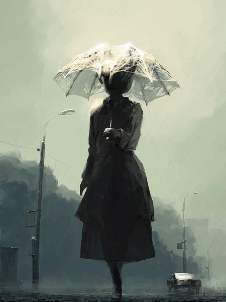 Anime picture 750x1000 with original alex andreev single tall image standing holding sky girl gloves black gloves umbrella coat ground vehicle lantern car power lines lamppost