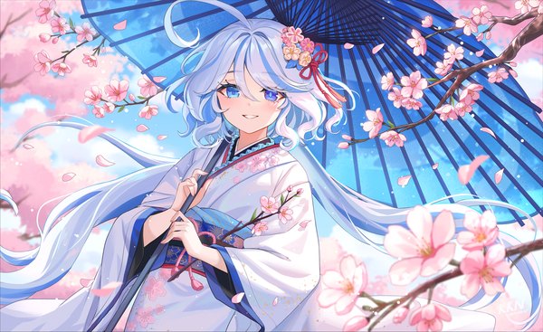 Anime-Bild 3364x2059 mit genshin impact furina (genshin impact) lalazyt single looking at viewer fringe highres blue eyes smile hair between eyes wide image absurdres silver hair ahoge very long hair traditional clothes japanese clothes grin cherry blossoms spring
